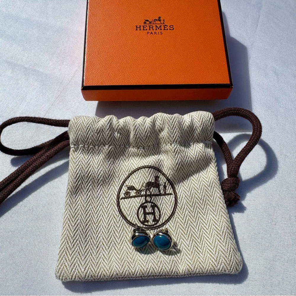 Hermès Eclipse Earrings Teal Blue & Silver ULTRA RARE - Picture 4 of 9